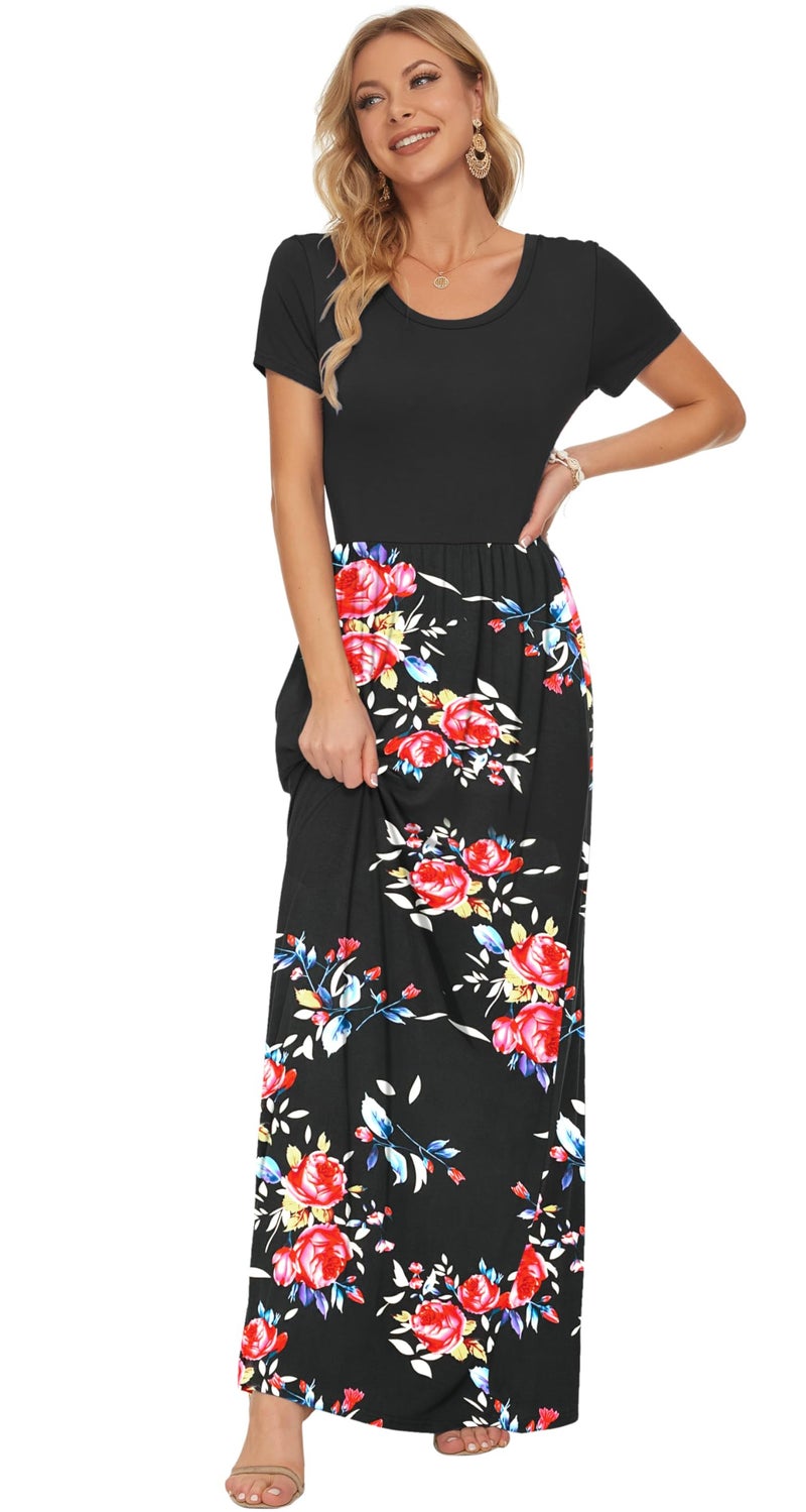 AUSELILY Women's Short Sleeve Loose Plain Casual Long Maxi Dresses for Women 2026 Rose Black S - Image 3